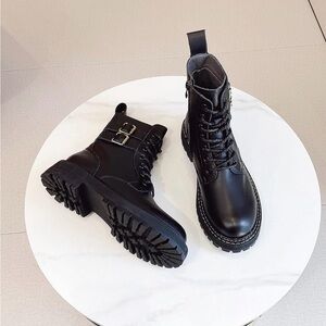 Sttiyaf Retro 100% Cowhide Leather Lace-Up Ankle Boots - Size 8